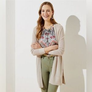 LOFT Rib Trim Open Front Linen Blend Cardigan, Oatmeal